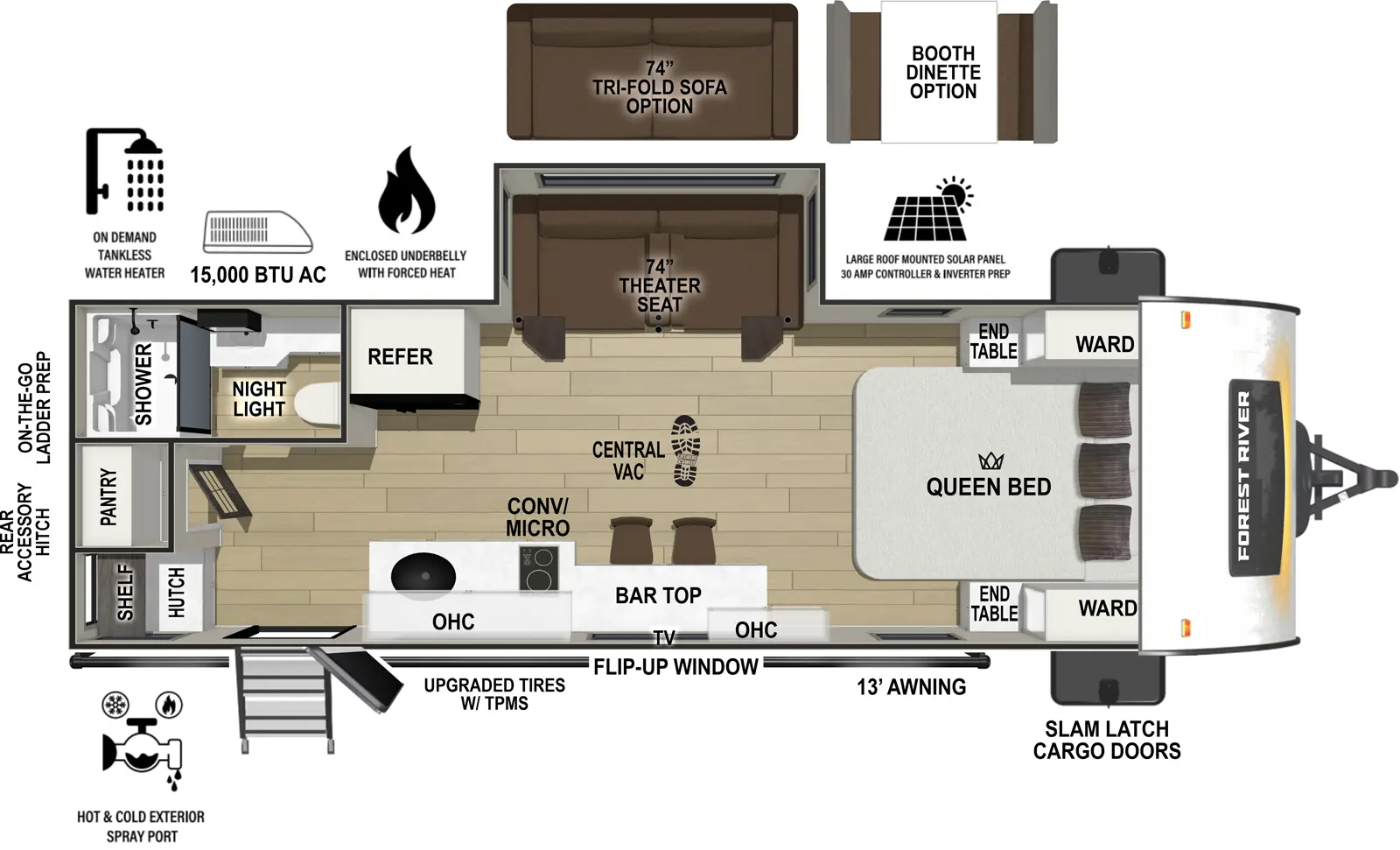 The r-pod West Coast RP-206 floorplan has one entry and one slide out. Exterior features include: fiberglass exterior and 13' awning. Interiors features include: front bedroom.